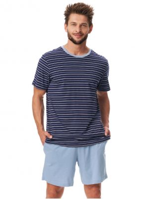 Мужская пижама / домашний комплект из мягкого хлопка: полосатая футболка и однотонные шорты с карманами Key MNS 382 A23
