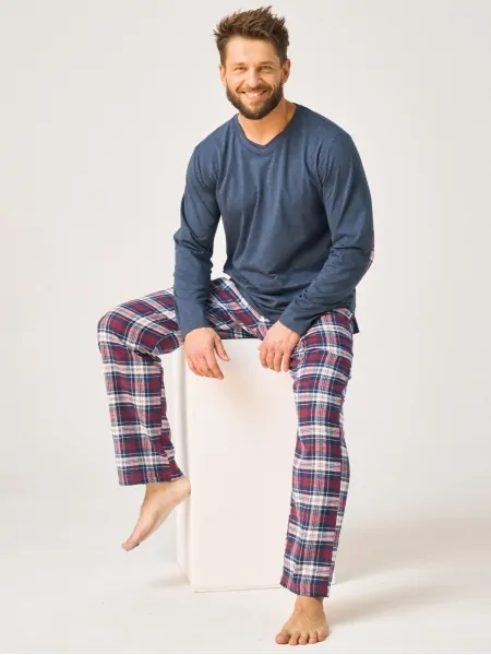 text_img_altKey MNS 410 Men's Pyjama Set with Flannel Trousers, Navy Top, Checked Trouserstext_img_after1