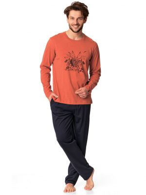 Мужская тёплая хлопковая пижама / домашний комплект с длинными рукавами и принтом на груди Key MNS 860 B22
