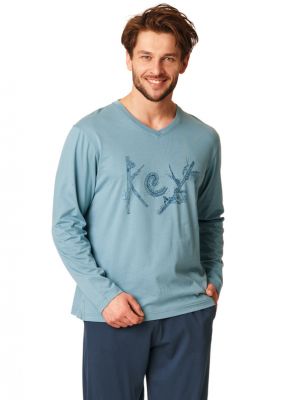 На картинке изображено - Мужская хлопковая пижама / домашний комплект синего цвета: кофта с длинными рукавами и штаны с карманами Key MNS 861 B22 | фото 1