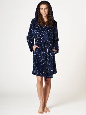Women's short warm velor bathrobe with a hood and an original pattern Key LGD 982 B22