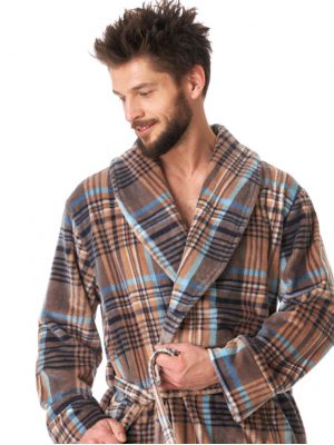 Long men's robe made of velvety velor in a check pattern with a shawl collar Key MGL 421 B23