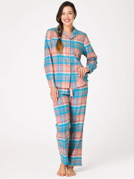 Key LNS 435 Women's Flannel Pyjama Set with a Button-Front Shirt, Colourful Check, with Pockets