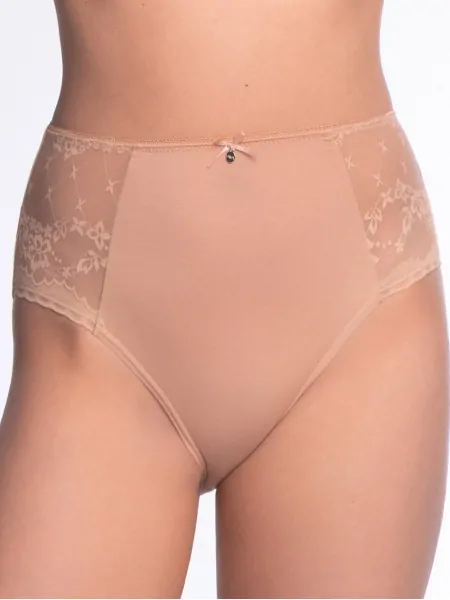 Lama L-MOD1603MD Women's High-Waist Midi Panties - Modal with Lace, Beige