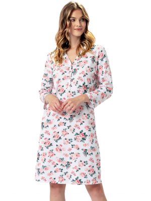 Жіноча коротка нічна сорочка / домашня сукня з дуже м'якої бавовни з квітковим принтом та застібкою на гудзики Leveza Dagmara 1350
