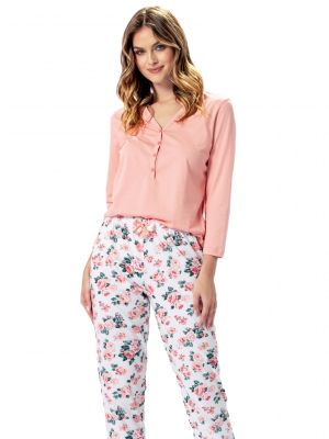 Женская пижама / домашний комплект из качественного хлопка: однотонная кофта с застёжкой на пуговицы и узорчатые штаны Leveza Diana 1348