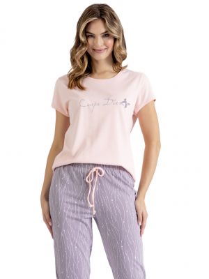 Женская пижама / домашний комплект из качественного хлопка: однотонная футболка с принтом на груди и штаны с нежным узором Leveza Doris 1429