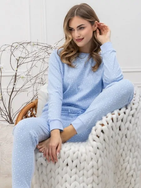 Women's long ultra-soft cotton pajamas in delicate tones with cuffs Leveza 1658 Klarysa