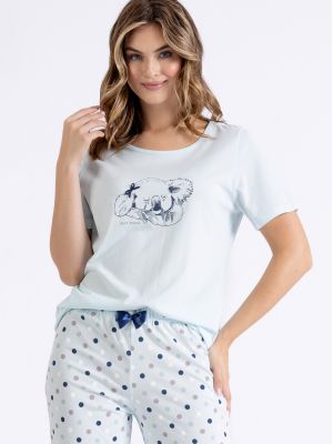 Женская пижама / домашний комплект из качественного хлопка: однотонная футболка с нежным принтом на груди и узкие штаны в горошек Leveza Odette 1414