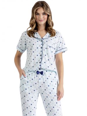 На картинке изображено - Женская хлопковая пижама нежно-голубого оттенка в горошек с рубашкой на пуговицах Leveza Ozz 1415 | фото 1