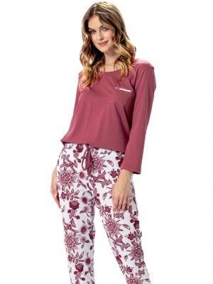 На картинке изображено - Женская пижама / домашний комплект из качественного хлопка: однотонная кофта с карманом и штаны с цветочным принтом Leveza Rita 1375 | фото 1