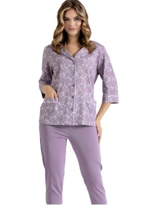 Women's Lavender Button-Front Cotton Pajamas Leveza Tere 1427