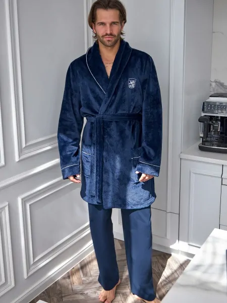 L&L Eleg 2664 Men's Dressing Gown with a Shawl Collar and Contrast Binding