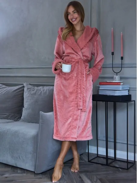 L&L Lisa 2648 Women's Long Hooded Dressing Gown, Velvety Leaf-Relief Plush with Fluffy Trim