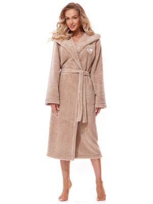 Женский удлинённый велюровый халат в рубчик с карманами и капюшоном L&L 2313 Mag