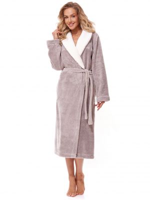 Women's long robe made of plain plush with contrasting collar and pockets L&L 2314 Duo