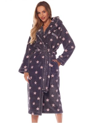 Женский тёплый длинный велюровый халат с капюшоном и принтом звёзды L&L 2135 DS