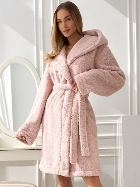 Жіночий короткий м’який теплий халат із капюшоном і кишенями L&L 2555