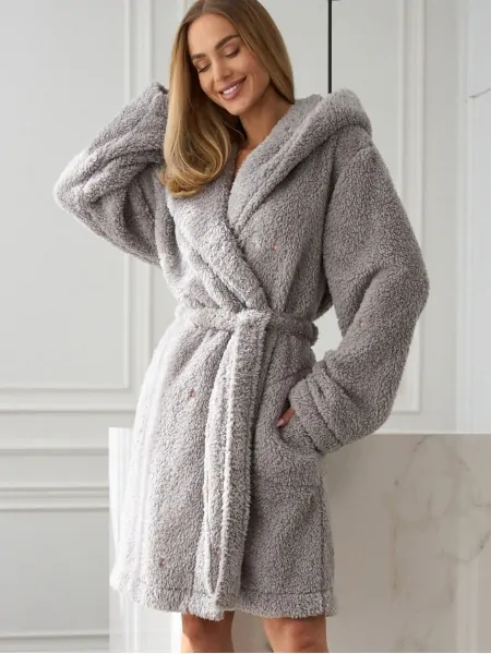 Жіночий короткий теплий махровий халат із капюшоном і кишенями L&L 2559