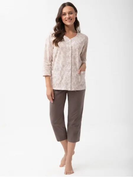 Women's Cotton Pyjama Luna 1305 2XL – Button-Up Top, Sleeves and 7/8-Length Trousers