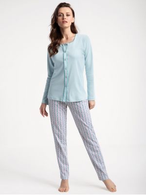 Женская пижама / домашний комплект из качественного хлопка: однотонная кофта с застёжкой на пуговицы и длинные узорчатые штаны с карманами Luna 599