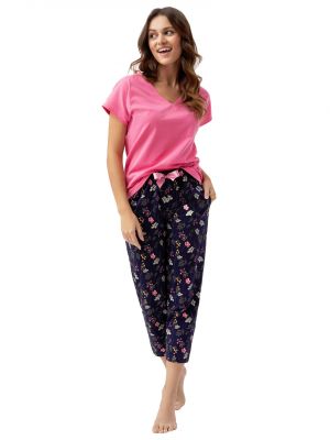 Жіноча піжама / домашній комплект з якісної бавовни: однотонна футболка та візерунчасті штани з кишенями Luna 637 W/24