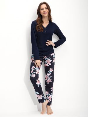 Женская пижама / домашний комплект из качественного хлопка: однотонная кофта с застёжкой на пуговицах и штаны с эффектным цветочным принтом Luna 661
