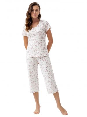 Женская пижама для беззаботных снов / домашний комплект из хлопка с цветочным узором: футболка в рубчик и свободные штаны Luna 666 W/24