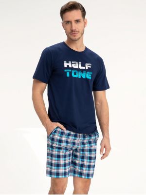 Мужская хлопковая пижама / домашний комплект с яркой надписью на футболке и клетчатыми шортами Luna 791