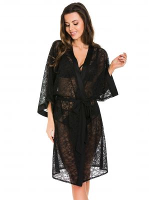 Women's elongated translucent robe / negligee made of luxurious fine lace Mediolano Black Cat