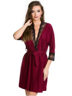 Women's short burgundy dressing gown with luxurious black lace Mediolano Burgund 05093