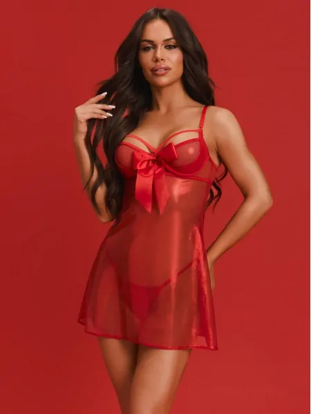 Бебідол і стринги Obsessive Gifty Red, прозорий, з атласним бантом, червоний