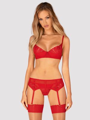 Seductive red lace lingerie set: soft bra, thong panties and garter belt Obsessive Ingridia