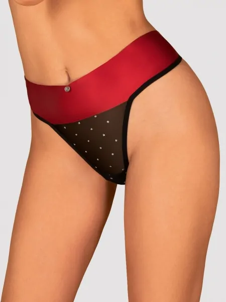 На картинці зображено - Obsessive Tienesy Thong: чорні прозорі трусики з червоним бантом і блискучими крапками. | фото 1