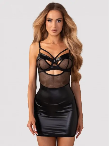 Women's sexy chemise plus thongs made of faux leather and sheer mesh Obsessive Dominna