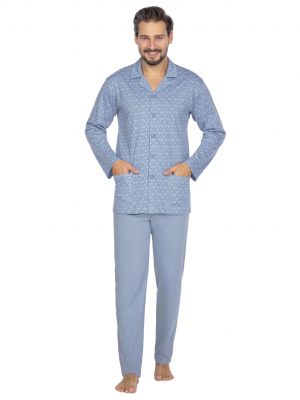 Классическая пижама для мужчин / домашний комплект из качественного хлопка: узорчатая кофта с карманами и застёжкой на пуговицы и однотонные штаны Regina 463