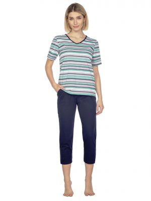 Women's Cotton Pajama Set: Striped Tee and Solid Shorts with Pockets Regina 654