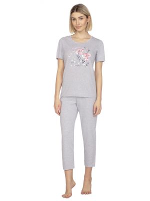 На картинке изображено - Пижама женская однотонная / хлопковый комплект для дома: футболка с нежным принтом и штаны Regina 655 Big | фото 1