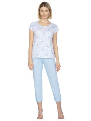 Women’s Peaceful Sleep Striped Star Print Cotton Pajama Set: Tee and Solid Capris Regina 656 Big