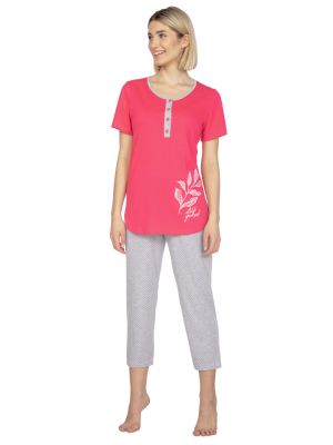 Women’s Button-Up Contrast Trim Cotton Tee and Checkered Pants Practical Pajama Set Regina 665
