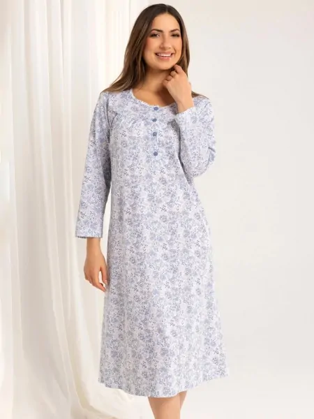 Women's long cotton nightgown with a delicate colorful floral pattern and a buttoned neckline Regina 017 J/25