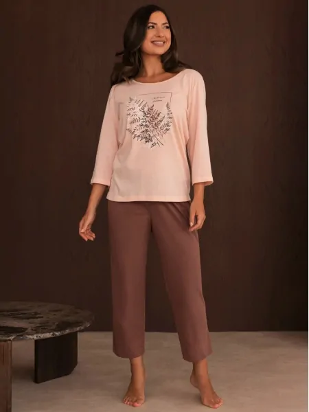 Regina 4016 Women's Pajama Set in Soft Pastel Tones - Two-Tone with Floral Print Top Regina 4016 Women's Pajama Set in Soft Pastel Tones - Two-Tone with Floral Print Top