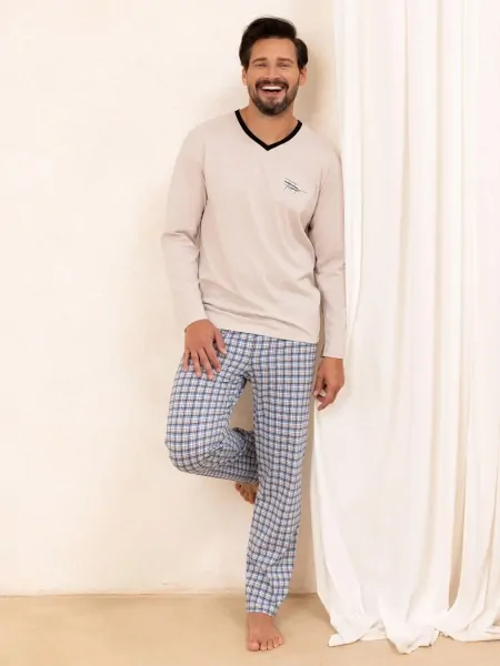 text_img_altMen's long cotton pajamas with plain T-shirt and checkered trousers Regina 491 J/25text_img_after1