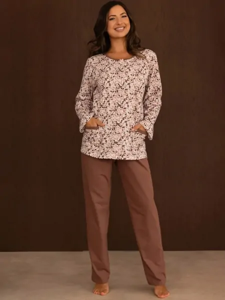 Regina 4022 J/26 Women's Pyjama Set, 100% Cotton, Button-Front Top with Pockets, Straight Trousers