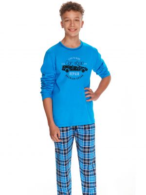 Children's cotton pajamas / home set with long sleeves and plaid pants for a teenage boy Taro 2654 Mario 146-158