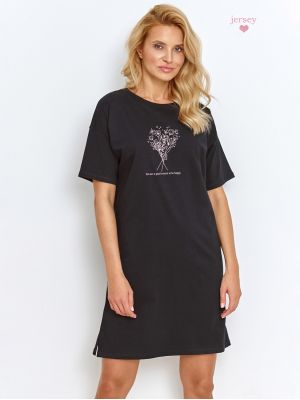 Женская ночная сорочка / домашнее платье из чёрного хлопка с нежным узором на груди Taro 2878 June