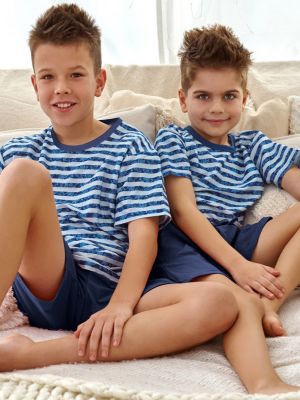 Детская хлопковая пижама / домашний комплект для мальчика: футболка в полоску и однотонные шорты с карманами Taro 2950 Noah 122-140