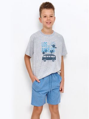 Детская хлопковая пижама / домашний комплект для мальчика подростка: футболка с принтом и однотонные шорты с карманами Taro 2952 Zane 146-158