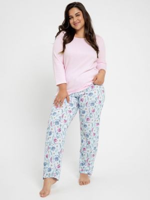 На картинці зображено - Жіноча бавовняна піжама / домашній комплект: рожева кофта в рубчик і штани з квітковим візерунком Taro 3008 Amora 2XL-3XL | фото 1