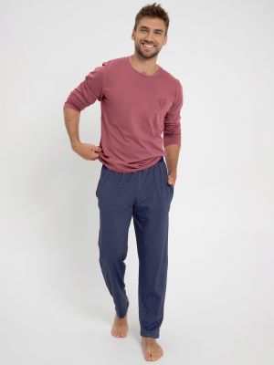 На картинке изображено - Мужская пижама / домашний комплект из хлопка: однотонная кофта с длинными рукавами и узорчатые брюки с карманами Taro Colton 3072 | фото 1